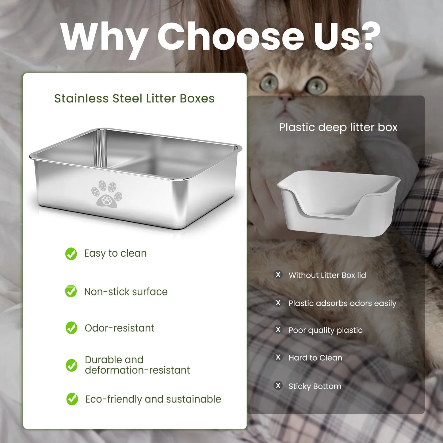 Large Stainless Steel Cat Litter Box with High Sides - 23.6" x 15.7" x 5.9
