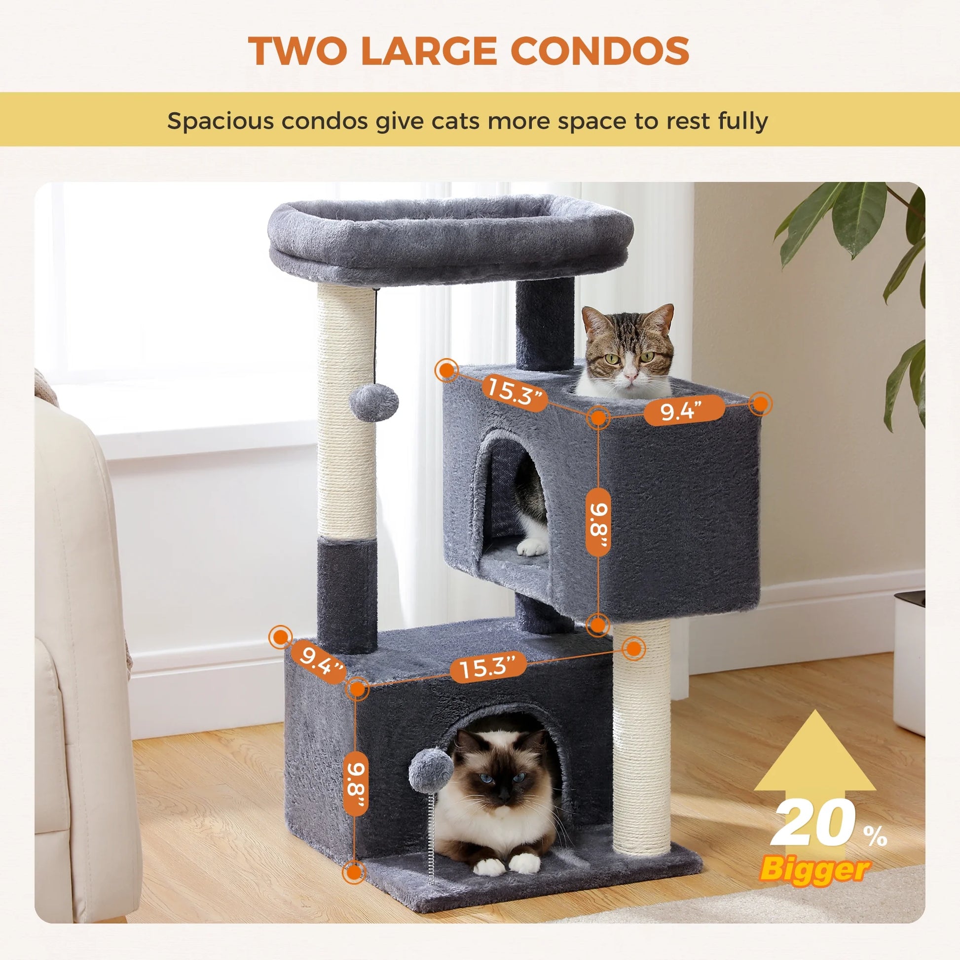 31.5-Inch Contemporary Cat Tree Tower with Two Spacious Condos for Kittens and Medium-Sized Cats in Dark Gray