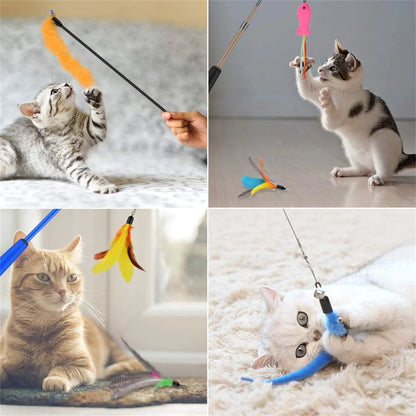Interactive Cat Feather Toy Set: 13 Replacement Teasers with Bells and 2 Retractable Wands for Engaging Playtime with Kittens and Cats