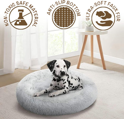 Donut Dog Bed Faux Fur Fluffy Calming Sofa for Small Dogs, Soft & Plush anti Anxiety Pet Couch for Dogs, Machine Washable Coco Pet Bed with Non-Slip Bottom, 23"X23"X6" Ivory