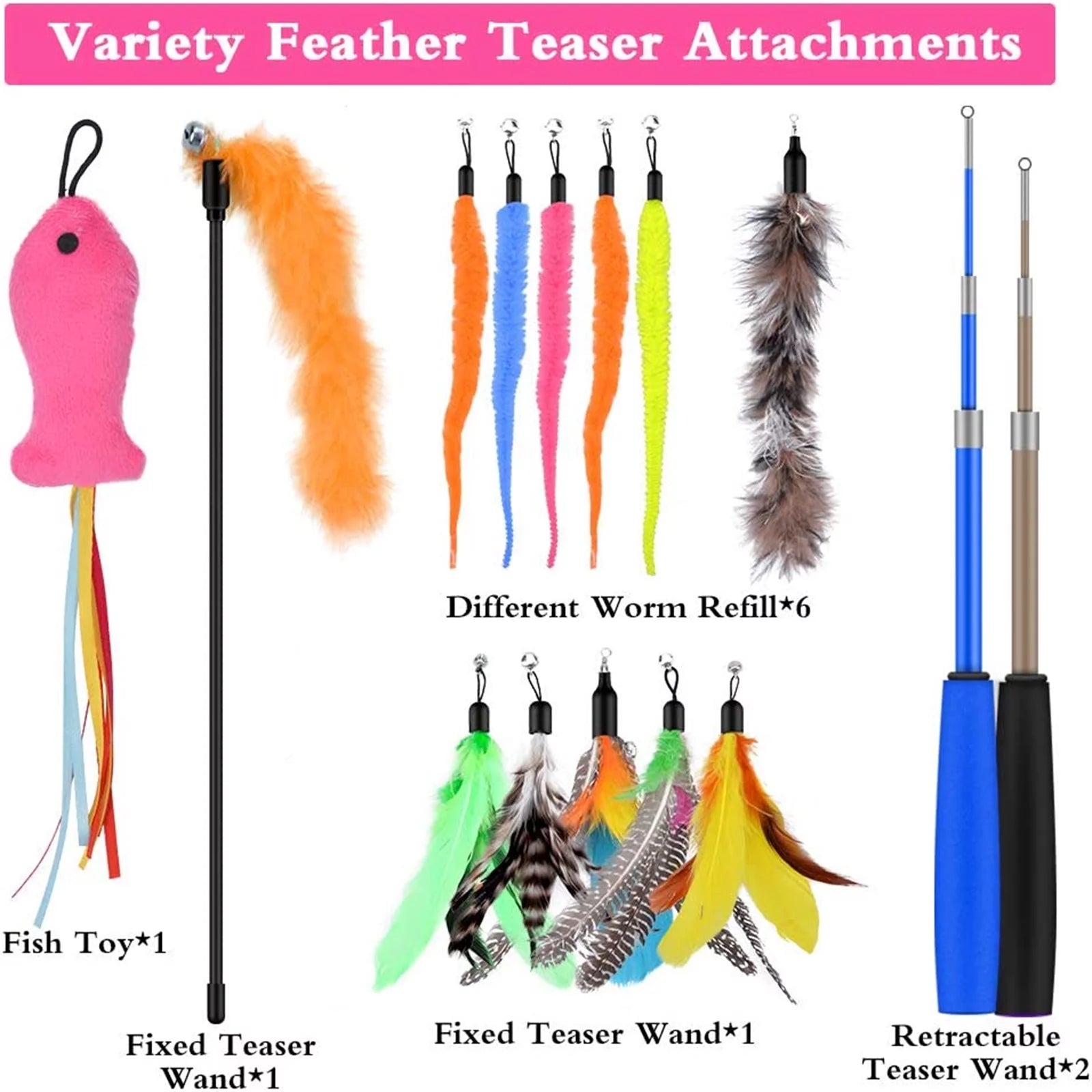 Interactive Cat Feather Toy Set: 13 Replacement Teasers with Bells and 2 Retractable Wands for Engaging Playtime with Kittens and Cats