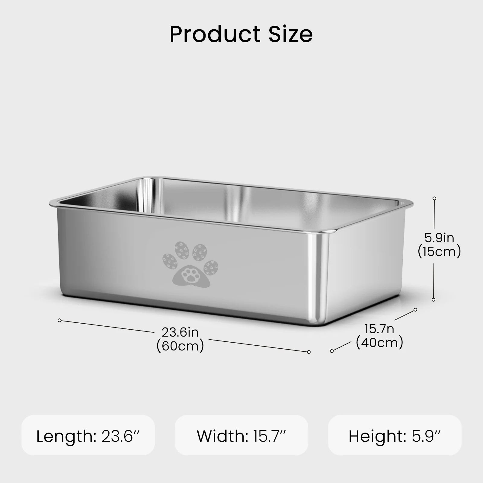 Large Stainless Steel Cat Litter Box with High Sides - 23.6" x 15.7" x 5.9