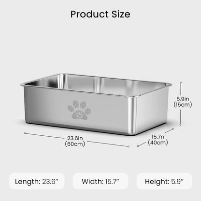 Large Stainless Steel Cat Litter Box with High Sides - 23.6" x 15.7" x 5.9