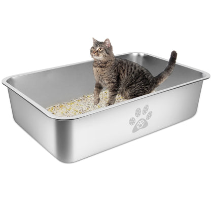 Large Stainless Steel Cat Litter Box with High Sides - 23.6" x 15.7" x 5.9