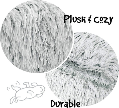Donut Dog Bed Faux Fur Fluffy Calming Sofa for Small Dogs, Soft & Plush anti Anxiety Pet Couch for Dogs, Machine Washable Coco Pet Bed with Non-Slip Bottom, 23"X23"X6" Ivory