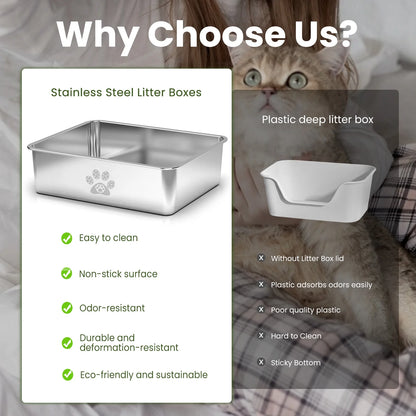 Large Stainless Steel Cat Litter Box with High Sides - 23.6" x 15.7" x 5.9