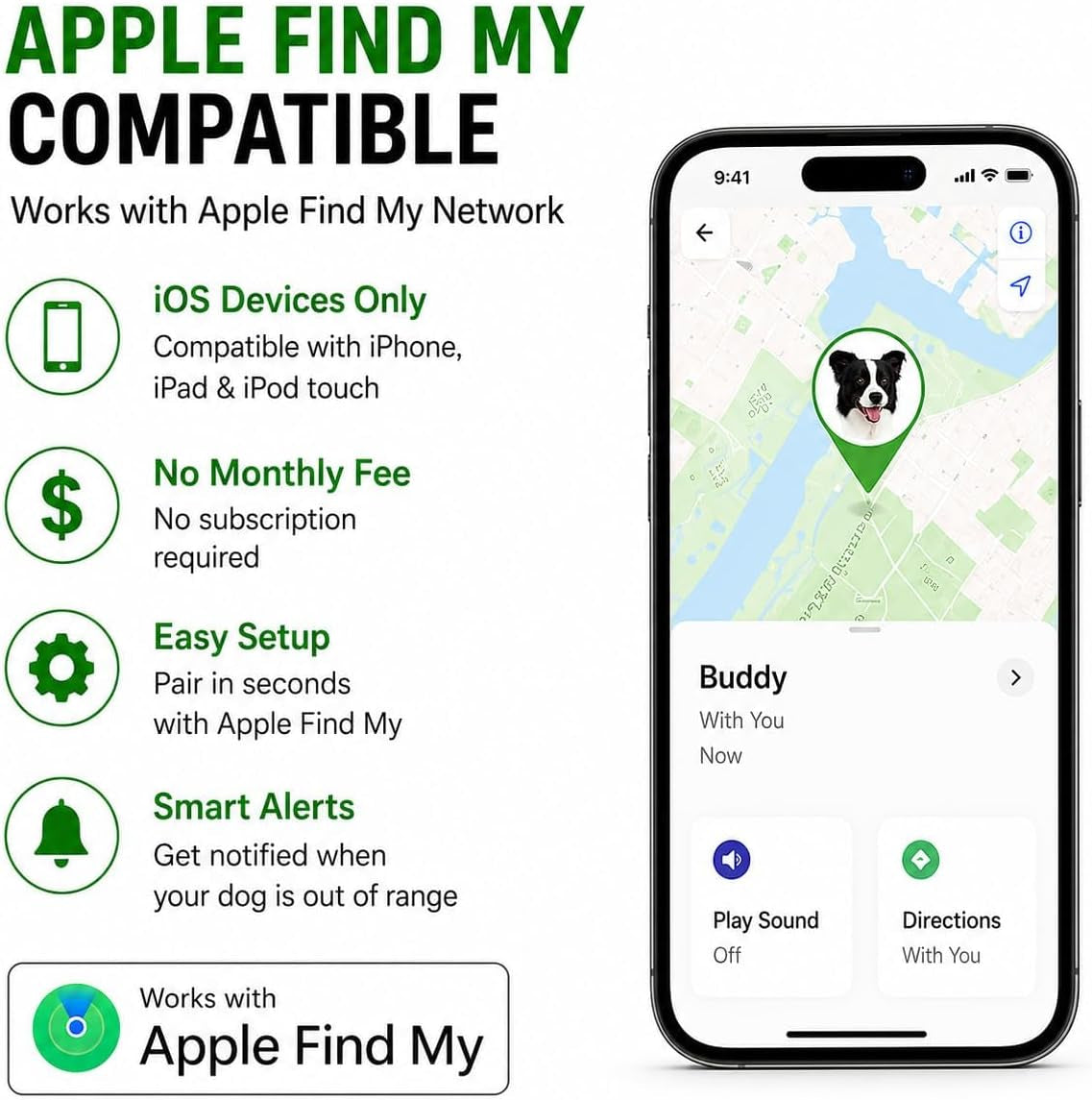 GPS Dog Collar Tracker - Waterproof Smart Tag Compatible with Apple Find My, No Monthly Fee, Advanced Tracking Solution for Pet Safety, Suitable for Small and Large Dogs
