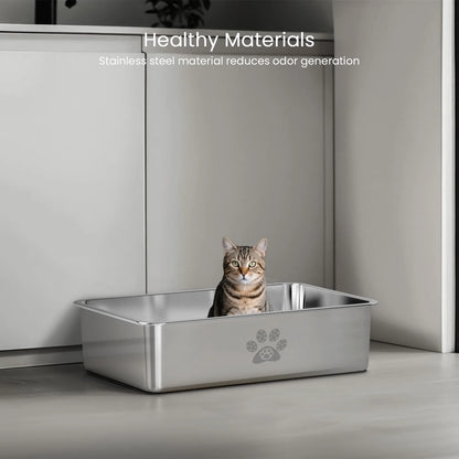 Large Stainless Steel Cat Litter Box with High Sides - 23.6" x 15.7" x 5.9