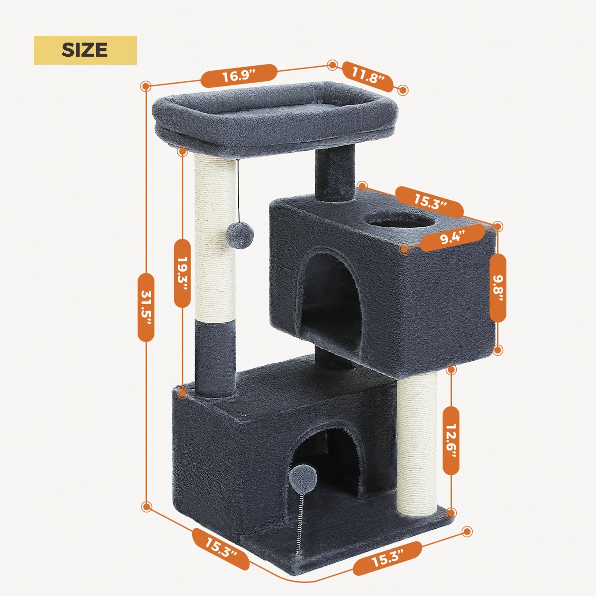 31.5-Inch Contemporary Cat Tree Tower with Two Spacious Condos for Kittens and Medium-Sized Cats in Dark Gray
