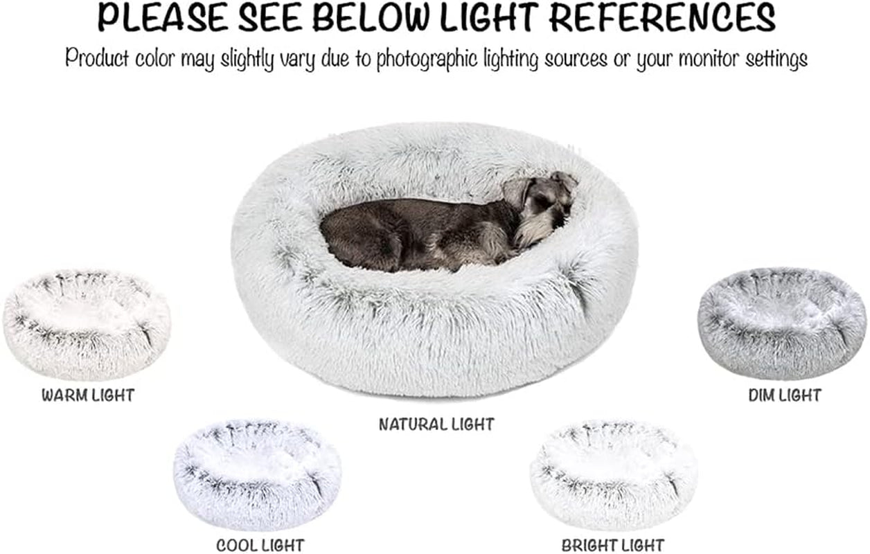 Donut Dog Bed Faux Fur Fluffy Calming Sofa for Small Dogs, Soft & Plush anti Anxiety Pet Couch for Dogs, Machine Washable Coco Pet Bed with Non-Slip Bottom, 23"X23"X6" Ivory