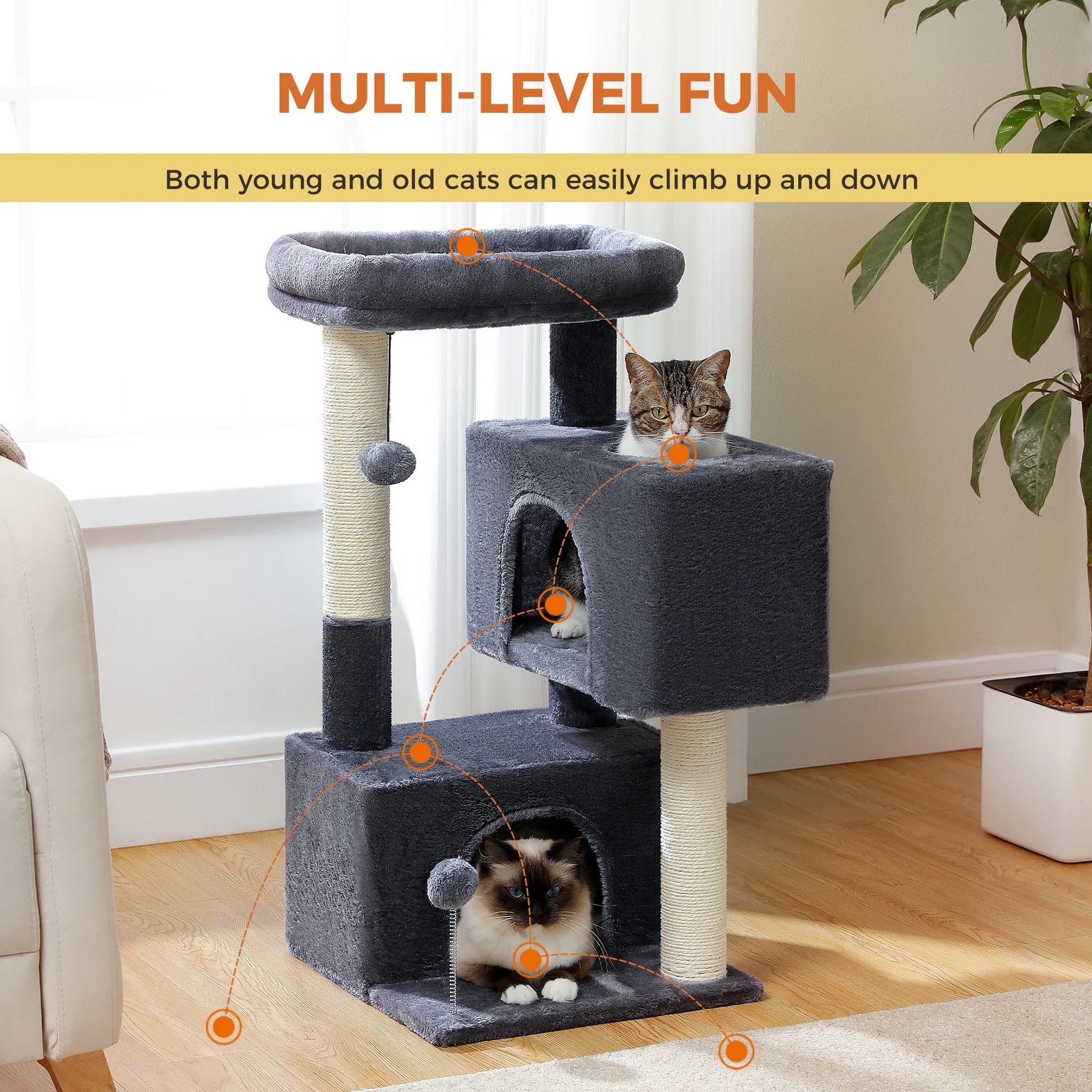 31.5-Inch Contemporary Cat Tree Tower with Two Spacious Condos for Kittens and Medium-Sized Cats in Dark Gray