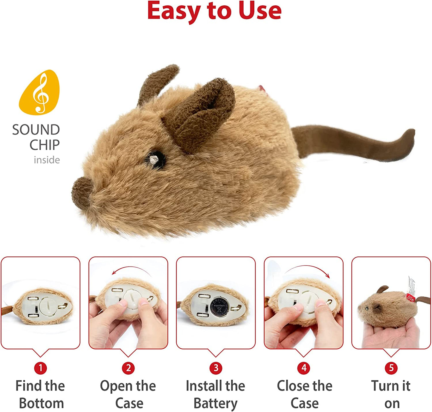 Interactive Automatic Mouse Toy for Cats with Realistic Squeaky Sound - Indoor Self-Play & Exercise (Brown Ear)