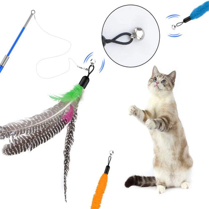 Interactive Cat Feather Toy Set: 13 Replacement Teasers with Bells and 2 Retractable Wands for Engaging Playtime with Kittens and Cats
