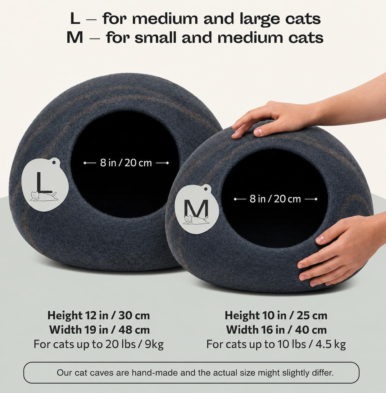 Merino Wool Cat Cave Bed for Indoor Cats (Slate Grey, Large) | Premium Handmade Felt Enclosure, Soft, Lightweight, Breathable, Adjustable Design