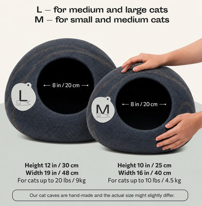 Merino Wool Cat Cave Bed for Indoor Cats (Slate Grey, Large) | Premium Handmade Felt Enclosure, Soft, Lightweight, Breathable, Adjustable Design