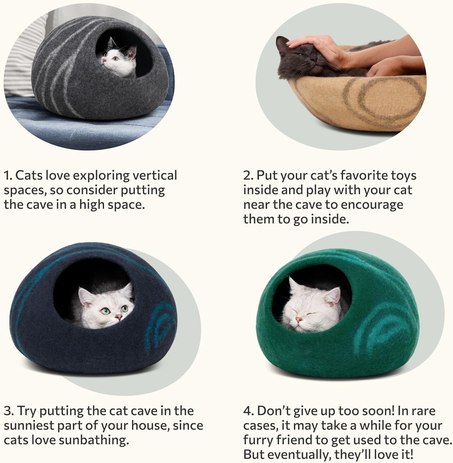Merino Wool Cat Cave Bed for Indoor Cats (Slate Grey, Large) | Premium Handmade Felt Enclosure, Soft, Lightweight, Breathable, Adjustable Design