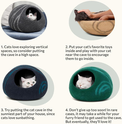 Merino Wool Cat Cave Bed for Indoor Cats (Slate Grey, Large) | Premium Handmade Felt Enclosure, Soft, Lightweight, Breathable, Adjustable Design