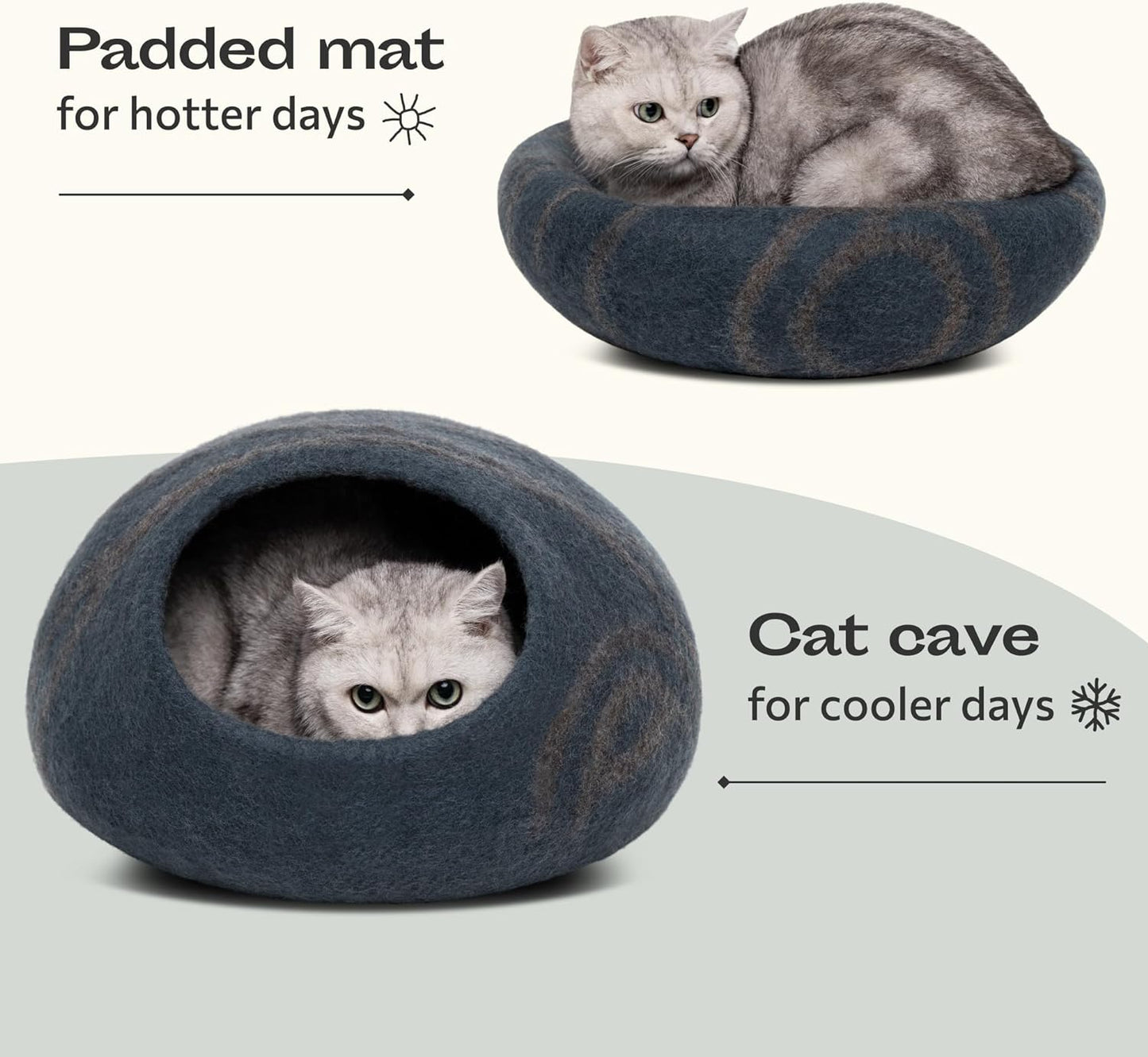 Merino Wool Cat Cave Bed for Indoor Cats (Slate Grey, Large) | Premium Handmade Felt Enclosure, Soft, Lightweight, Breathable, Adjustable Design