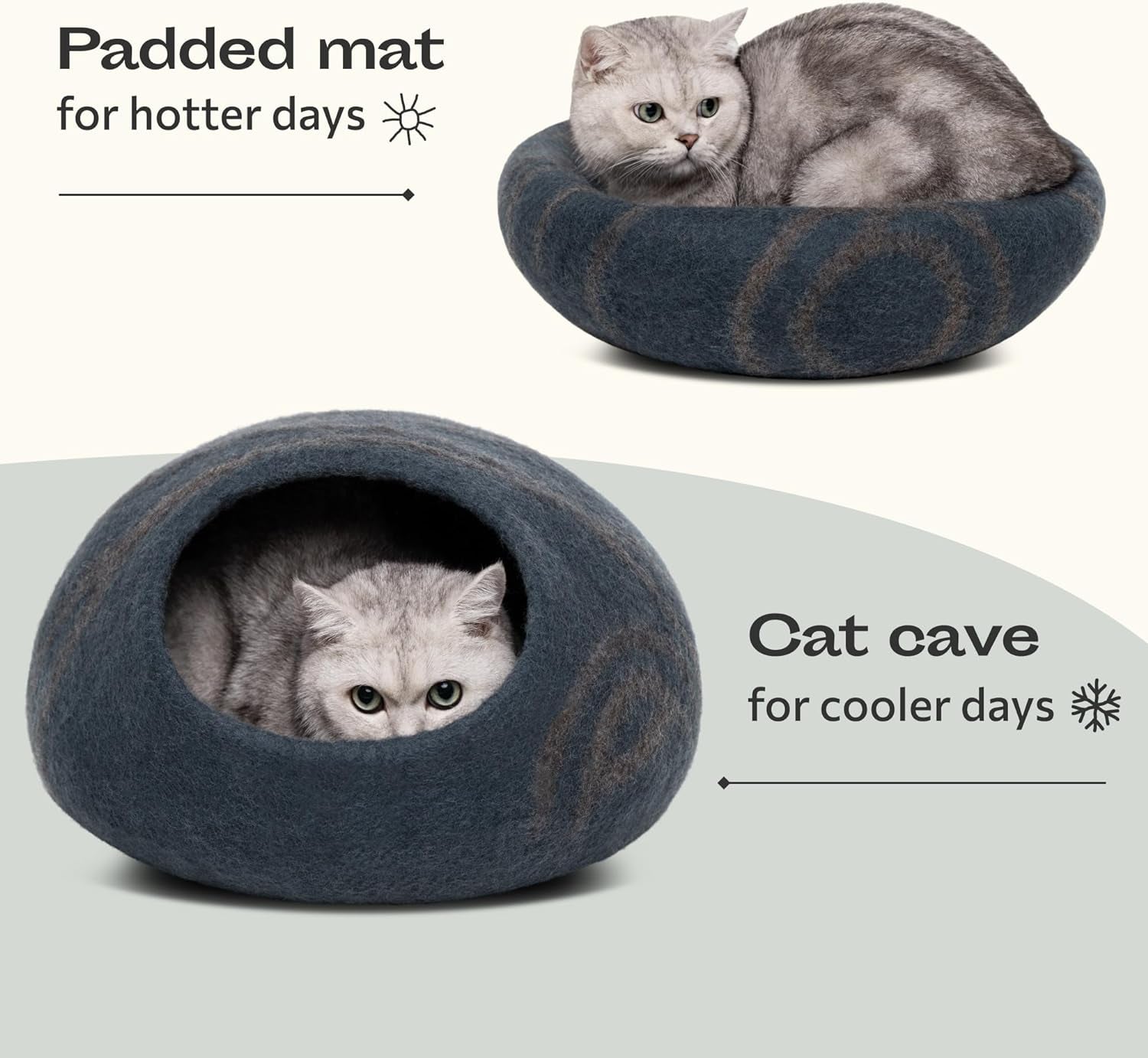 Merino Wool Cat Cave Bed for Indoor Cats (Slate Grey, Large) | Premium Handmade Felt Enclosure, Soft, Lightweight, Breathable, Adjustable Design