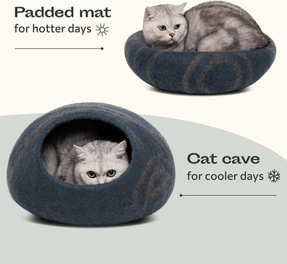 Merino Wool Cat Cave Bed for Indoor Cats (Slate Grey, Large) | Premium Handmade Felt Enclosure, Soft, Lightweight, Breathable, Adjustable Design
