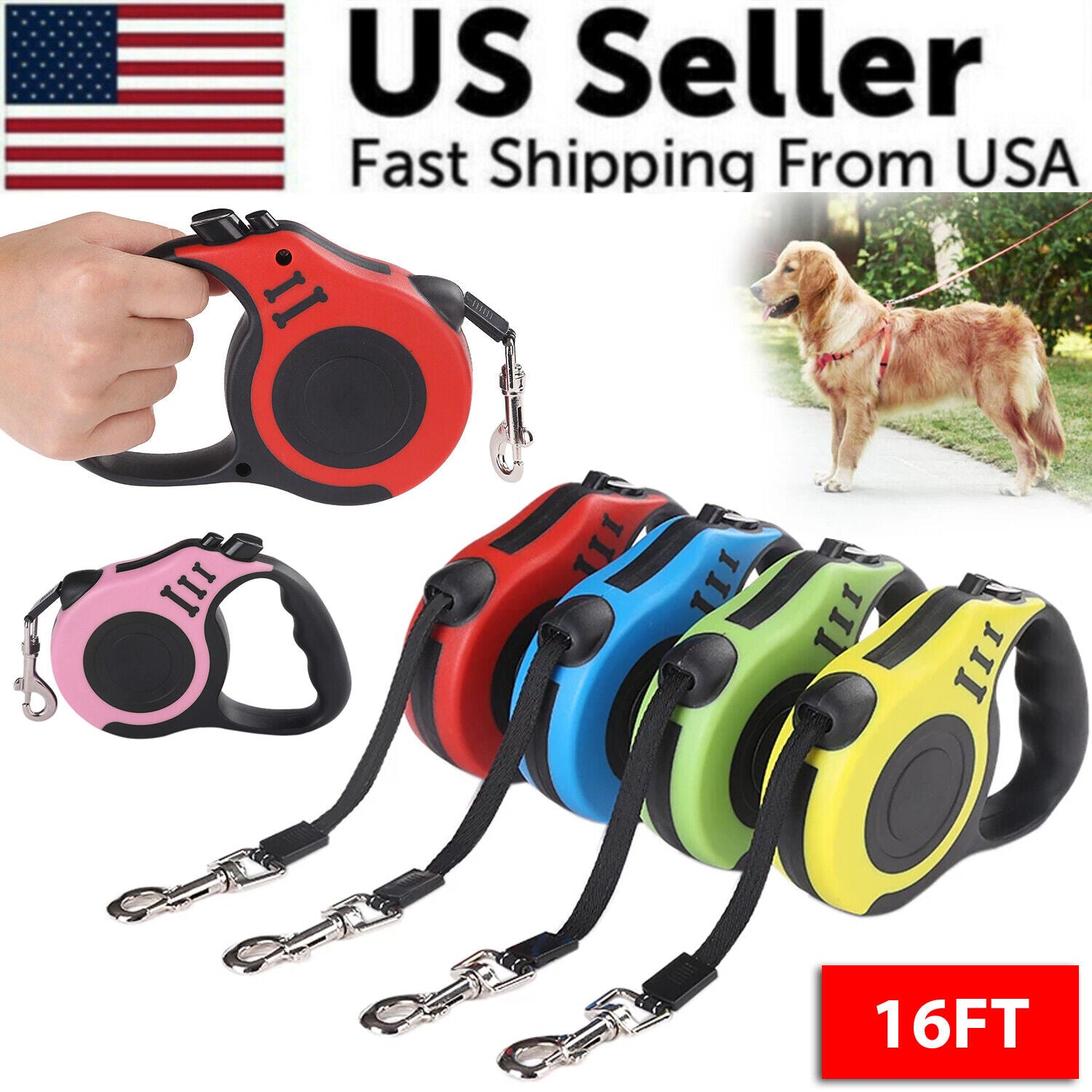 16.5FT Automatic Retractable Dog Leash with Pet Collar - Hands-Free Walking Solution, Free Shipping within the US