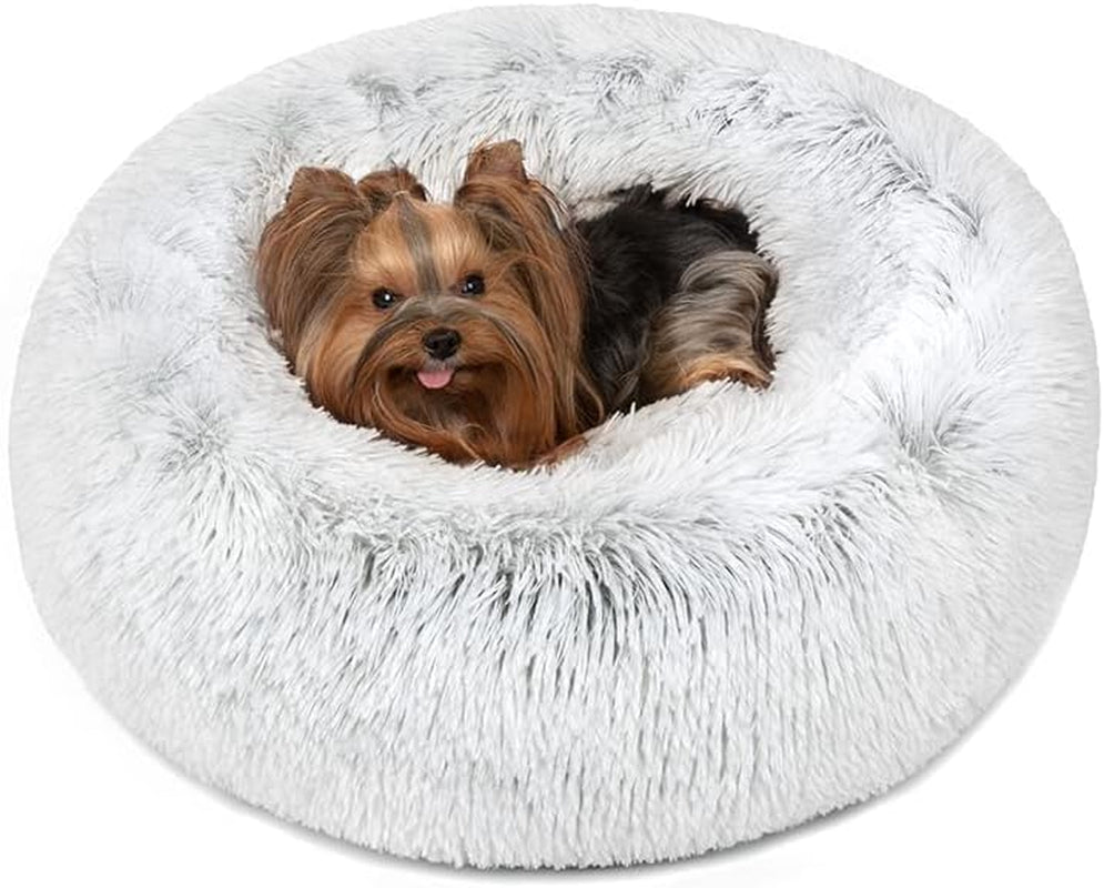 Donut Dog Bed Faux Fur Fluffy Calming Sofa for Small Dogs, Soft & Plush anti Anxiety Pet Couch for Dogs, Machine Washable Coco Pet Bed with Non-Slip Bottom, 23"X23"X6" Ivory