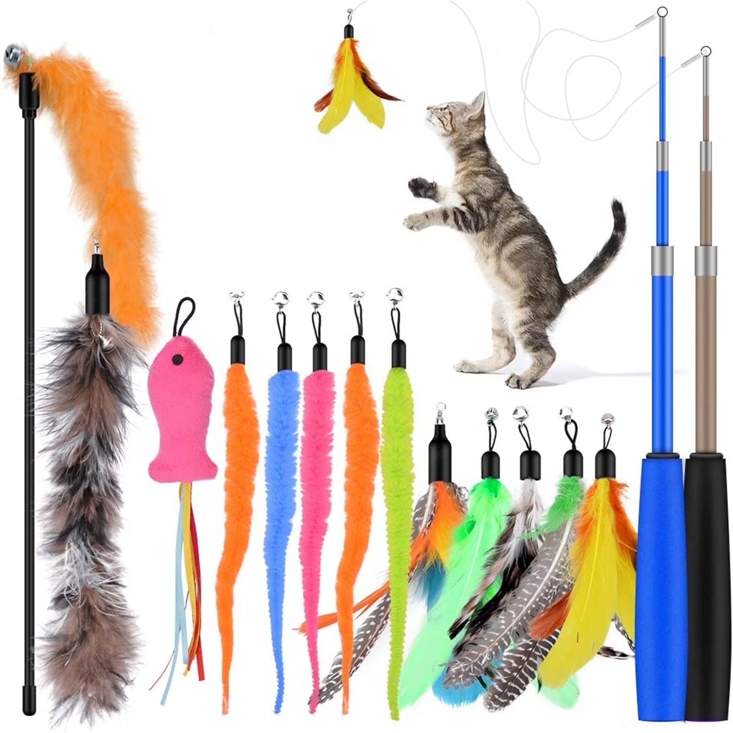 Interactive Cat Feather Toy Set: 13 Replacement Teasers with Bells and 2 Retractable Wands for Engaging Playtime with Kittens and Cats